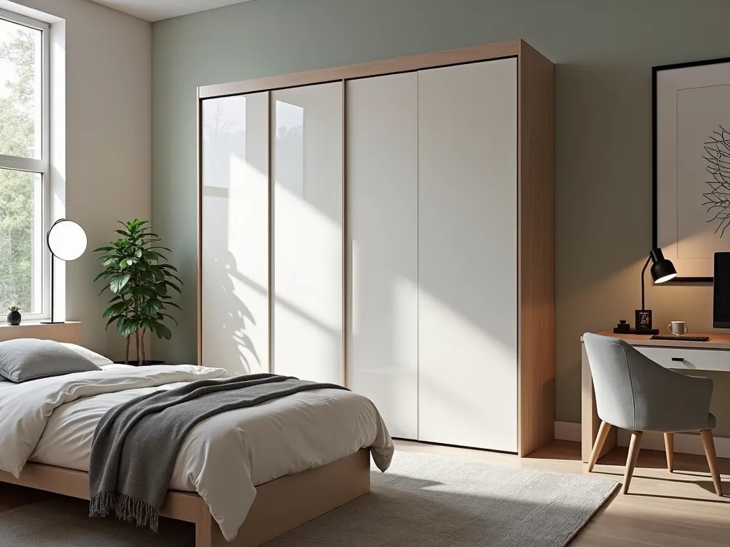A modern bedroom featuring a sleek sliding wardrobe with a glossy finish, complemented by minimalistic decor and indoor plants.