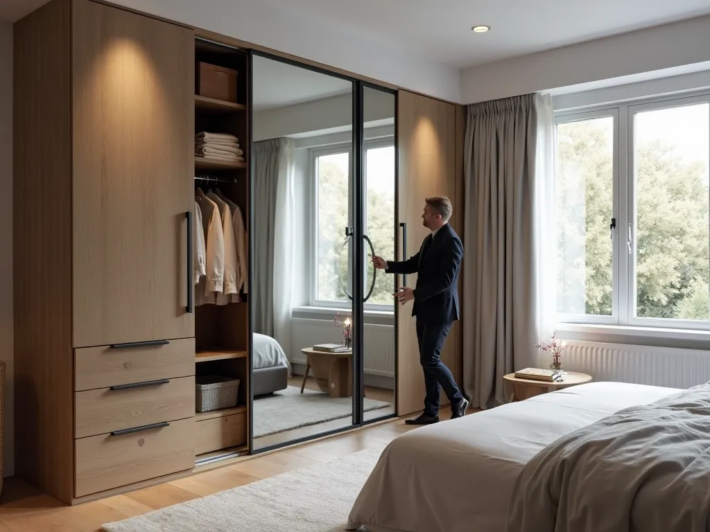 Modern bedroom with a sliding door wardrobe where a person is gently sliding the door open, revealing organized shelving inside.