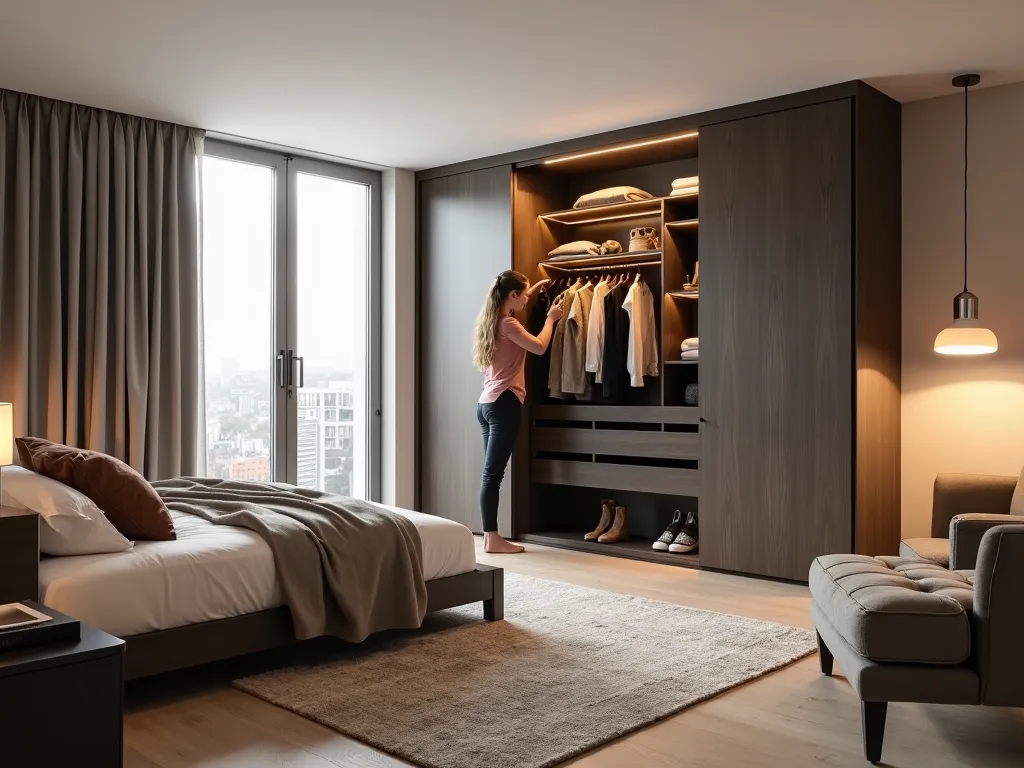 A modern bedroom with a sliding wardrobe, a person interacting with the neatly organized shelves, emphasizing contemporary style and functionality.