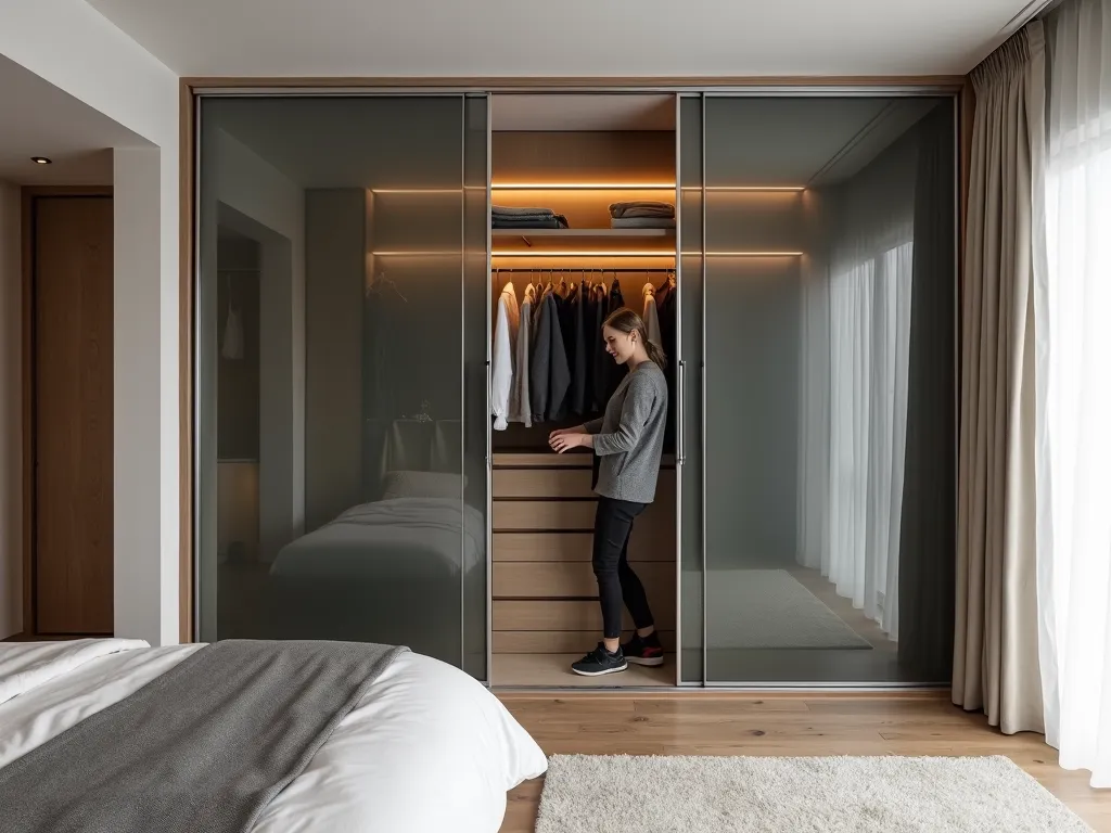 A person arranging clothes inside a modern sliding door closet in a small bedroom, showcasing a sleek design with glass and metal elements.