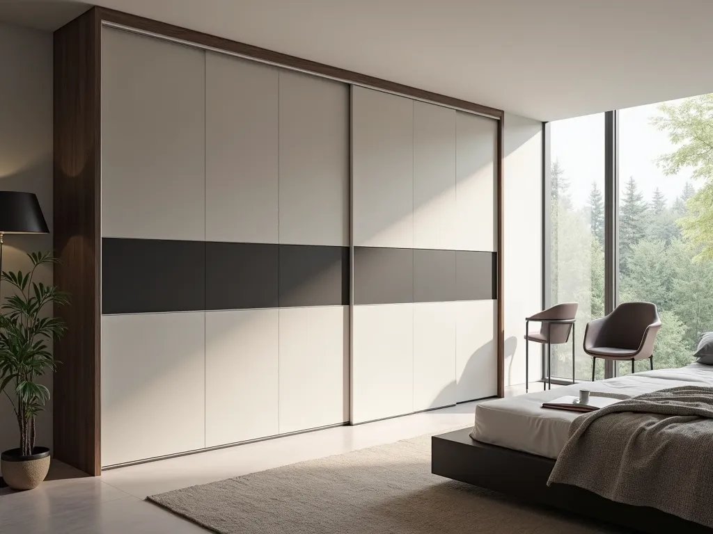 A modern bedroom with a sleek sliding door wardrobe against the wall. The room is illuminated by natural light from large windows, with minimalistic furniture and a view of the outdoors.