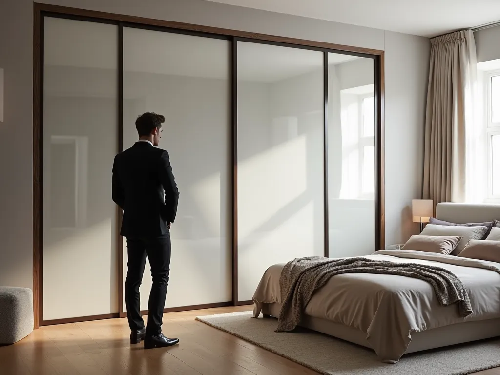 A modern bedroom with a sliding closet and a person standing beside it, featuring natural lighting and minimalist decor.