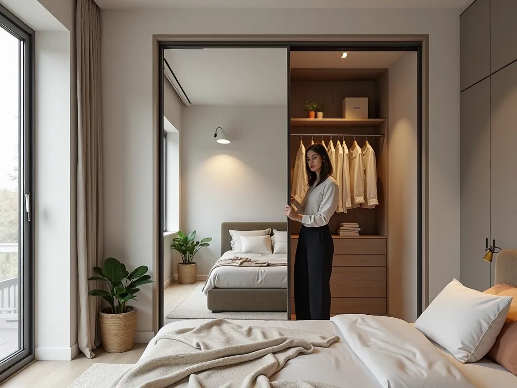 A woman is gently sliding open a sleek wardrobe door, revealing an organized storage space with clothes inside. The bedroom is bright and elegantly decorated, featuring a bed, plants, and large windows.