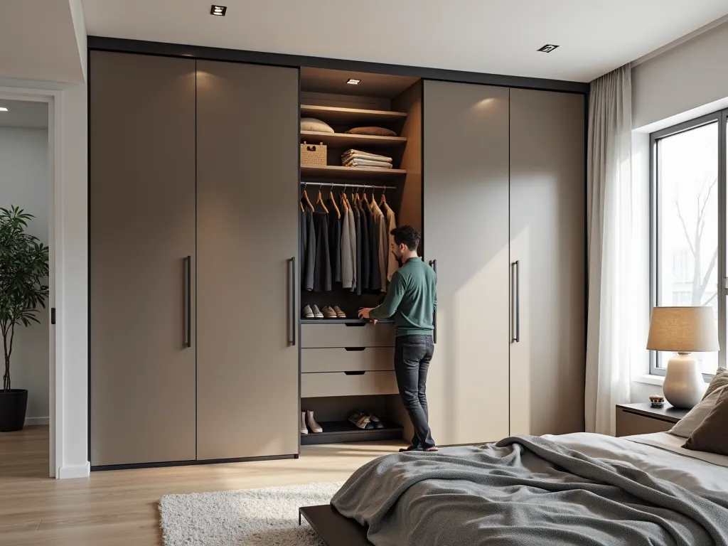 A modern sliding closet in a contemporary bedroom, with one section open showing neatly organized clothes and shelves. A person is organizing items inside the closet.