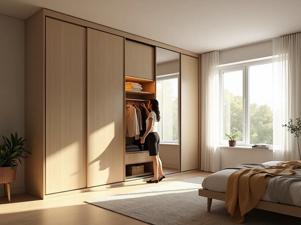 A modern bedroom with a sliding wooden wardrobe, mirrored doors, and a person organizing clothes inside. Sunlight streams through the window, illuminating the minimalist decor and cozy bed.