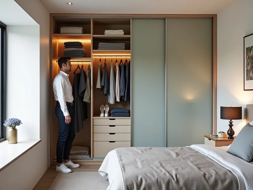 A person standing next to a modern sliding wardrobe in a contemporary bedroom, showcasing built-in lighting and organized interior.