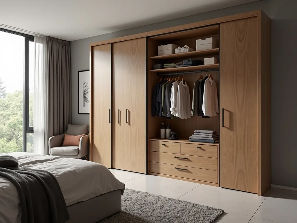 A modern bedroom with a sleek wooden sliding wardrobe, open to reveal clothes and accessories neatly organized inside.